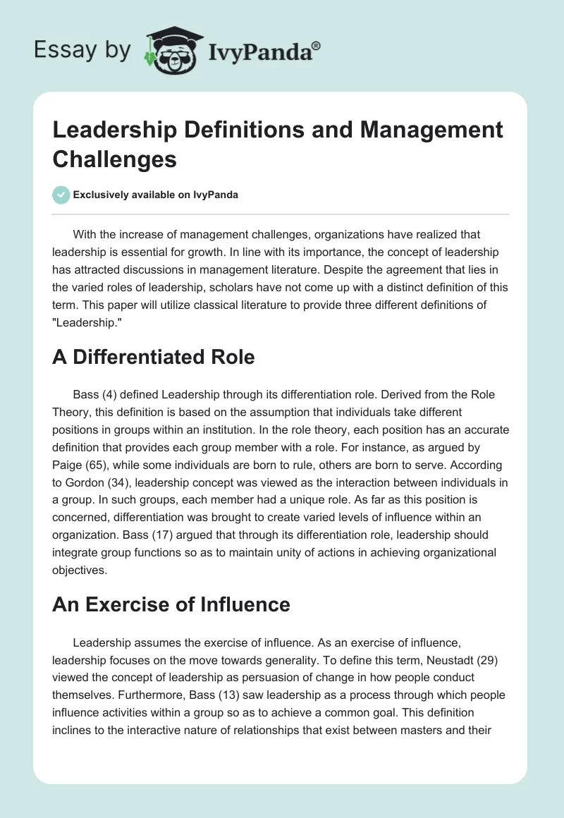 Leadership Definitions and Management Challenges. Page 1