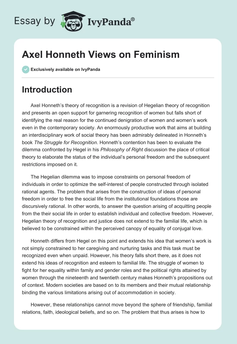 Axel Honneth Views on Feminism. Page 1