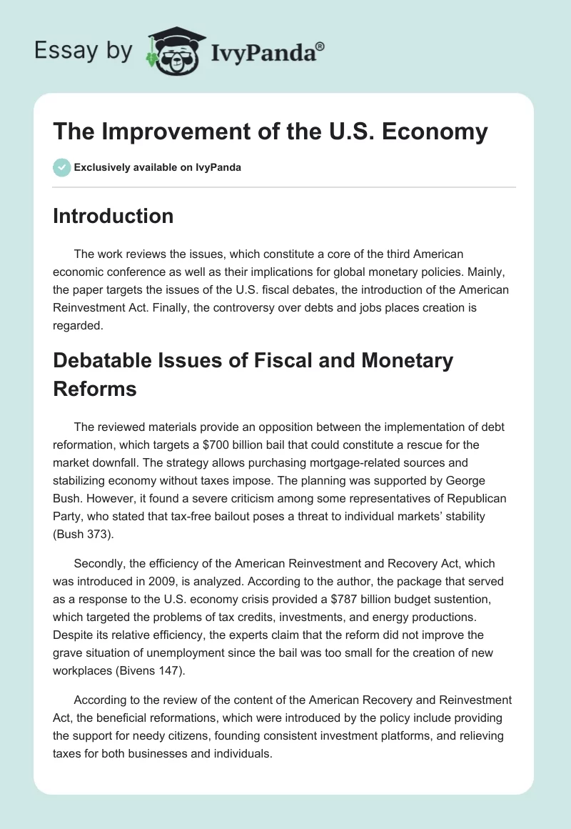 The Improvement of the U.S. Economy. Page 1