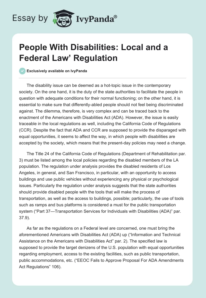People With Disabilities: Local and a Federal Law’ Regulation. Page 1