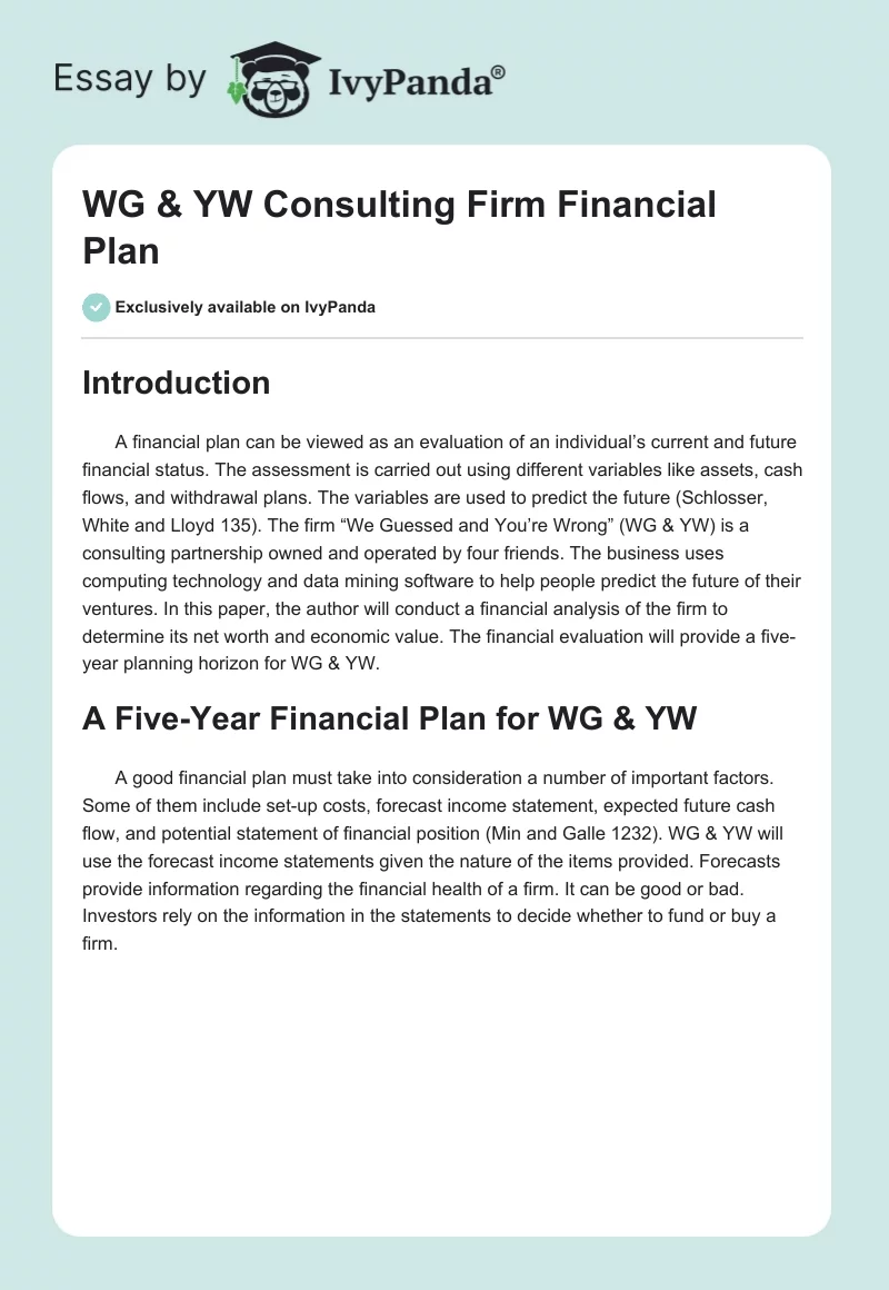 WG & YW Consulting Firm Financial Plan. Page 1