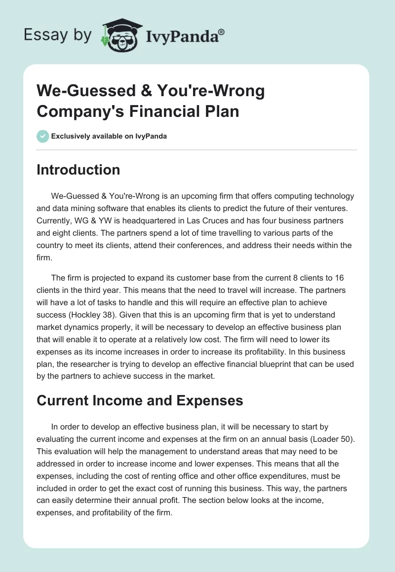 "We-Guessed & You're-Wrong" Company's Financial Plan. Page 1