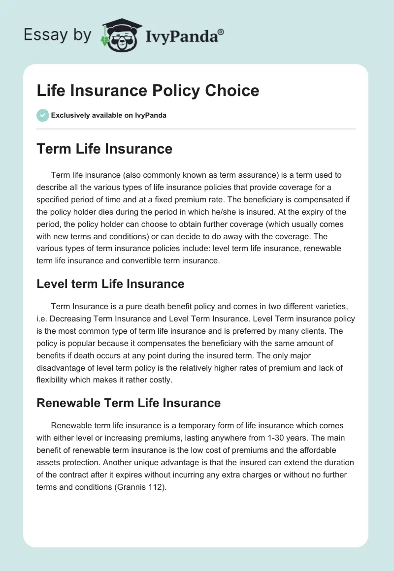 Life Insurance Policy Choice. Page 1