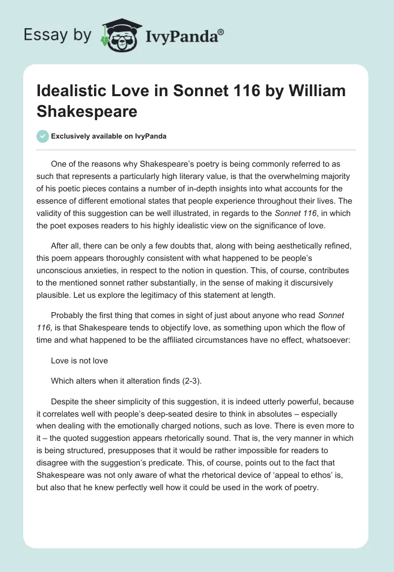 Idealistic Love in "Sonnet 116" by William Shakespeare. Page 1