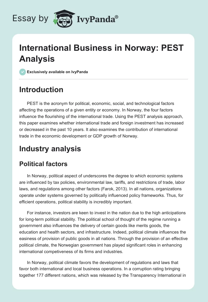 International Business in Norway: PEST Analysis. Page 1