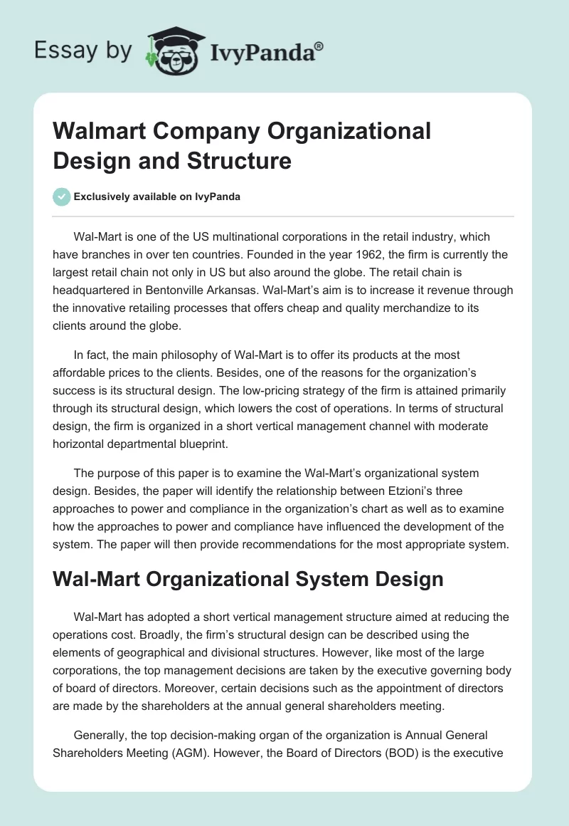 Walmart Company Organizational Design and Structure. Page 1