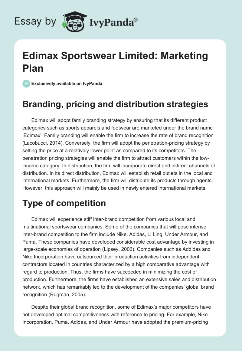 Edimax Sportswear Limited: Marketing Plan. Page 1
