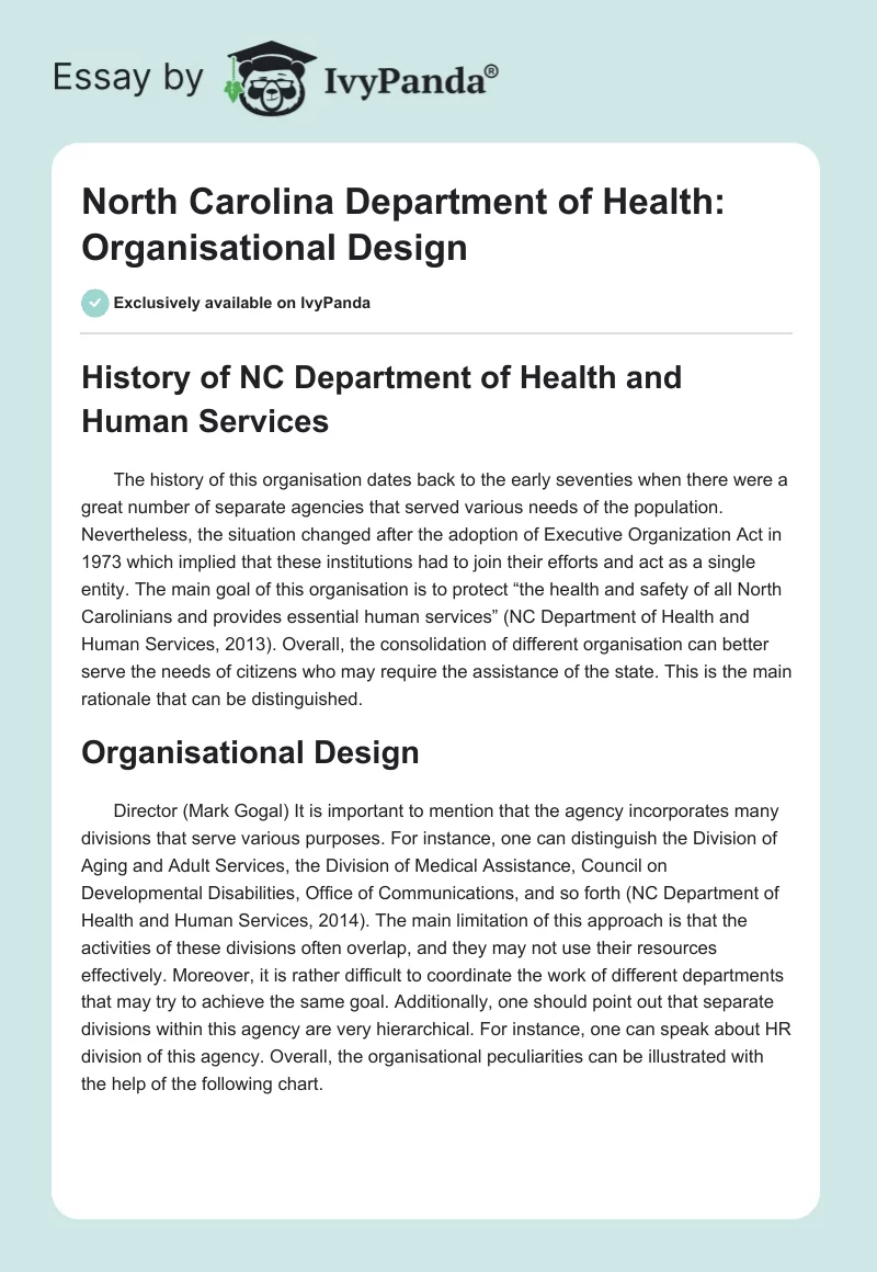 North Carolina Department of Health: Organisational Design. Page 1