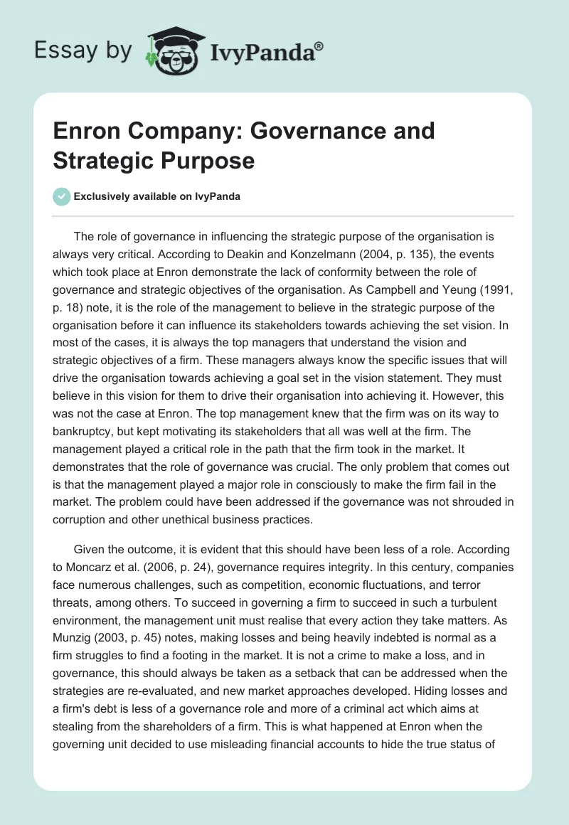 Enron Company: Governance and Strategic Purpose. Page 1