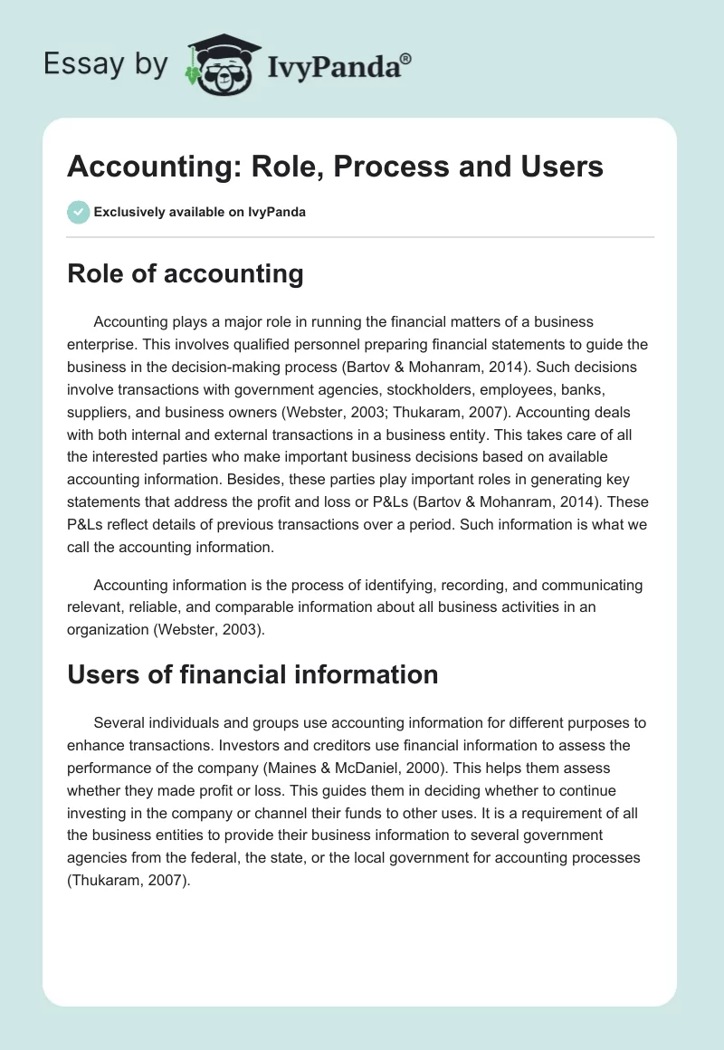 Accounting: Role, Process and Users. Page 1