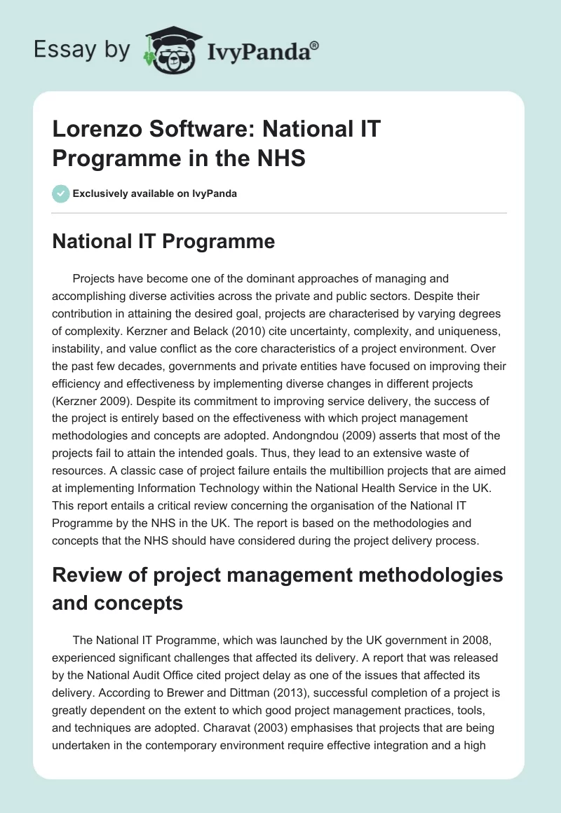 Lorenzo Software: National IT Programme in the NHS. Page 1