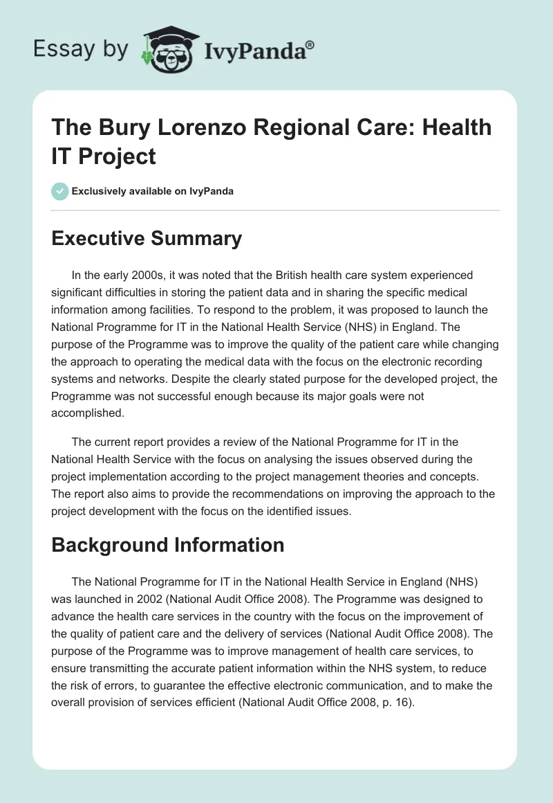 The Bury Lorenzo Regional Care: Health IT Project. Page 1