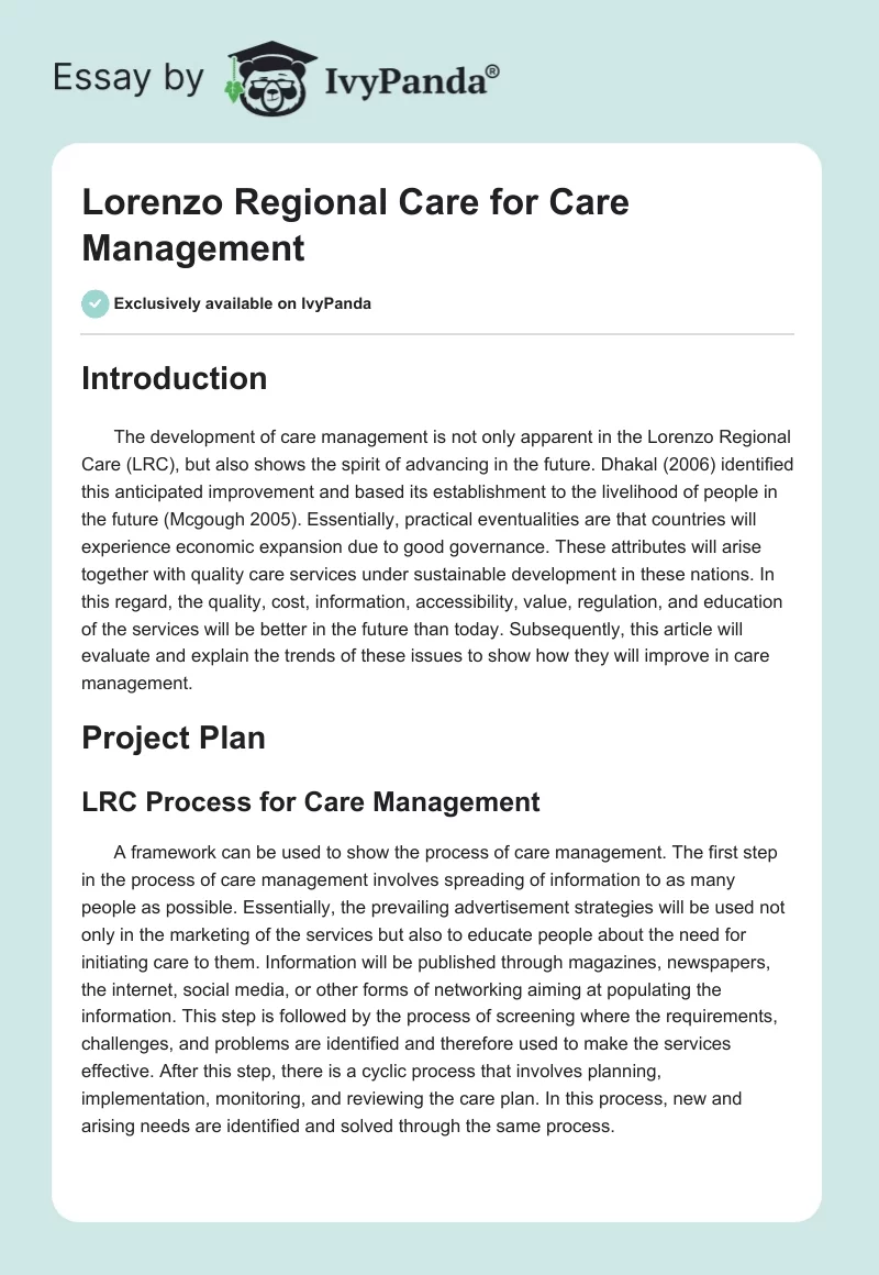 Lorenzo Regional Care for Care Management. Page 1