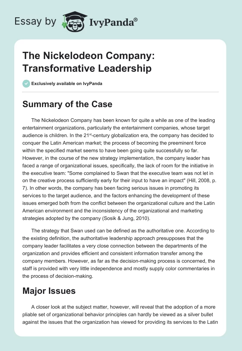 The Nickelodeon Company: Transformative Leadership. Page 1