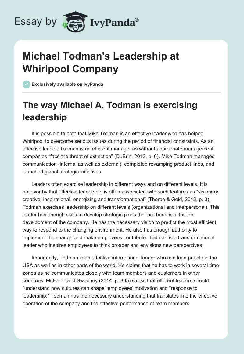 Michael Todman's Leadership at Whirlpool Company. Page 1