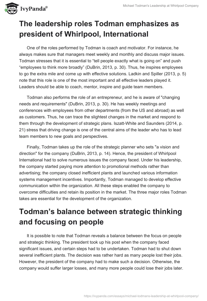 Michael Todman's Leadership at Whirlpool Company. Page 2
