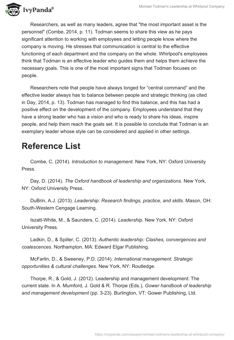 Michael Todman's Leadership at Whirlpool Company. Page 3
