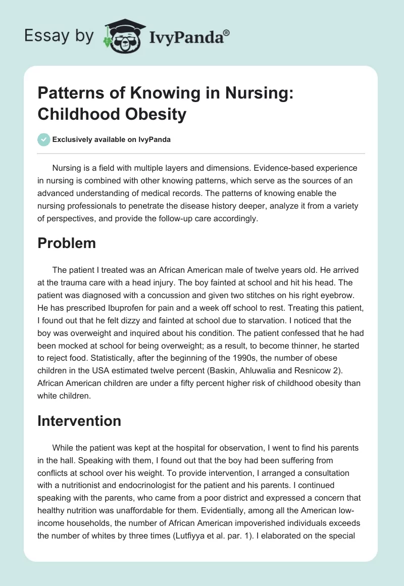 Patterns of Knowing in Nursing: Childhood Obesity. Page 1