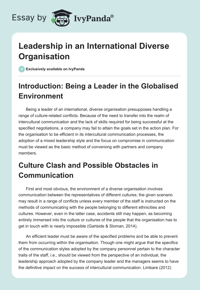 Leadership in an International Diverse Organisation. Page 1