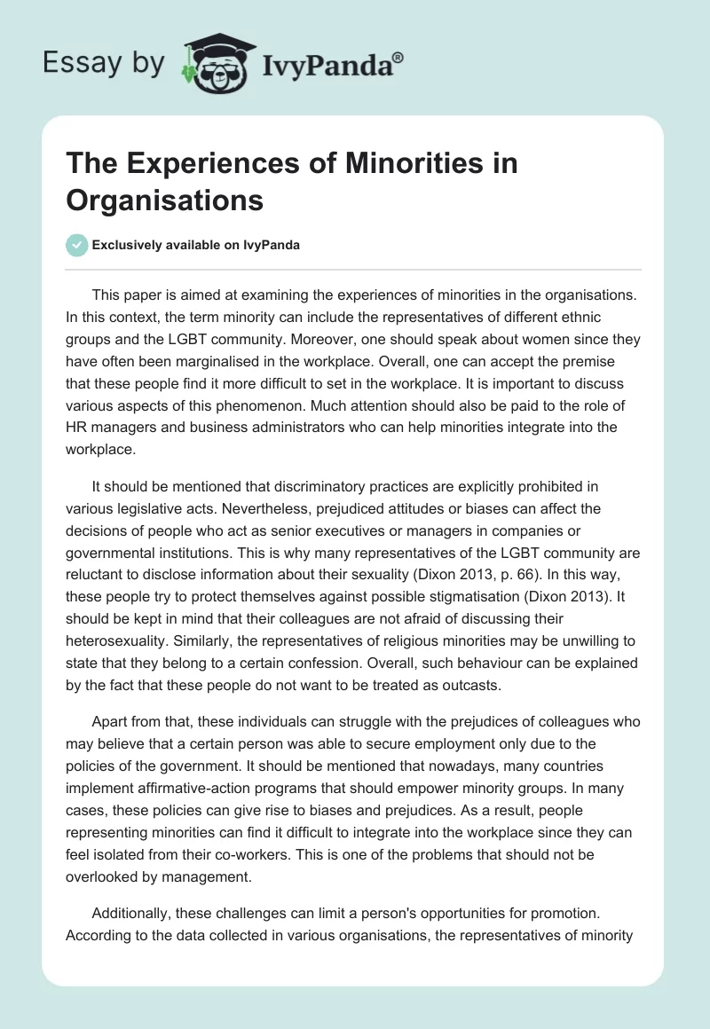 The Experiences of Minorities in Organisations. Page 1