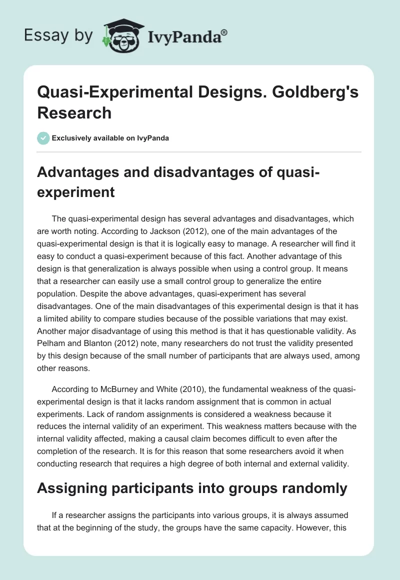 Quasi-Experimental Designs. Goldberg's Research. Page 1