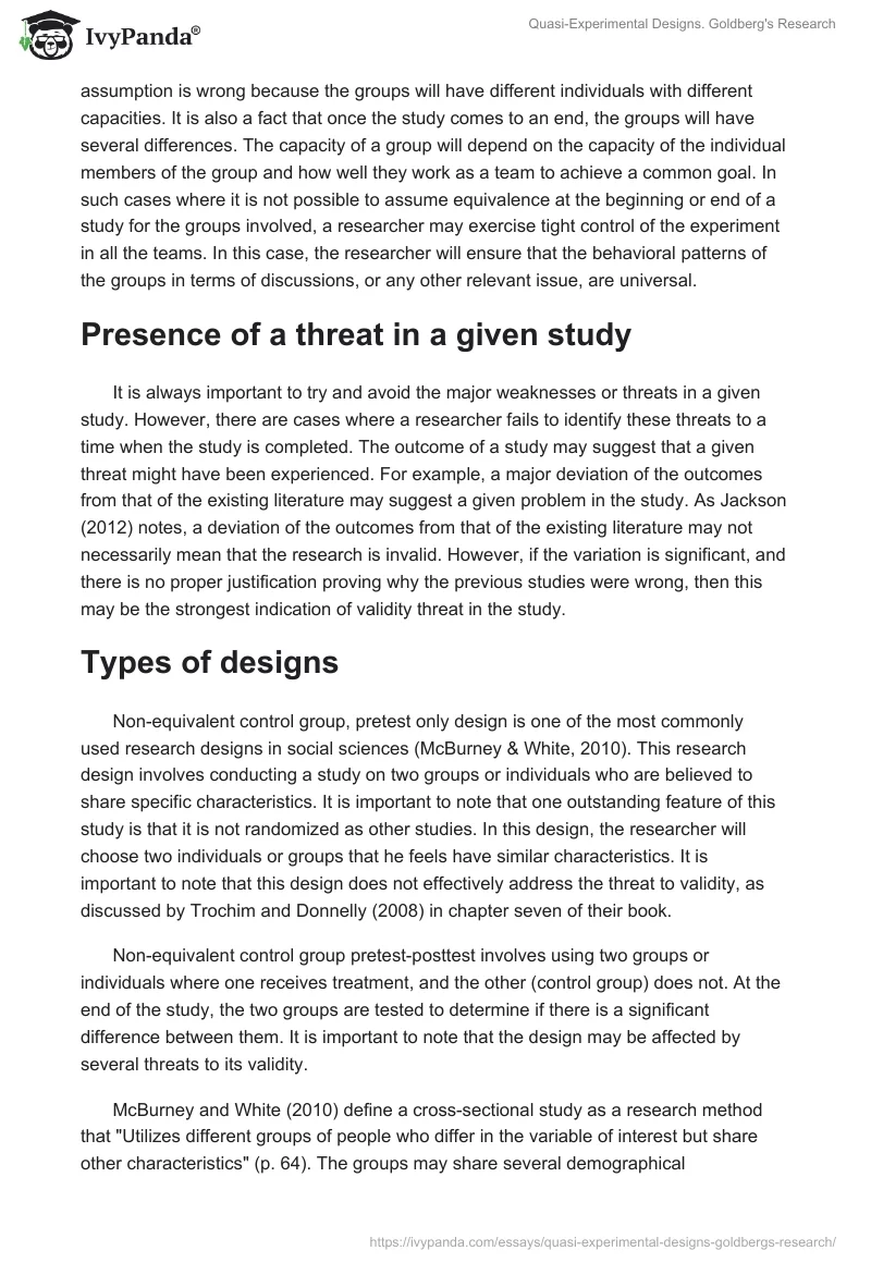 Quasi-Experimental Designs. Goldberg's Research. Page 2