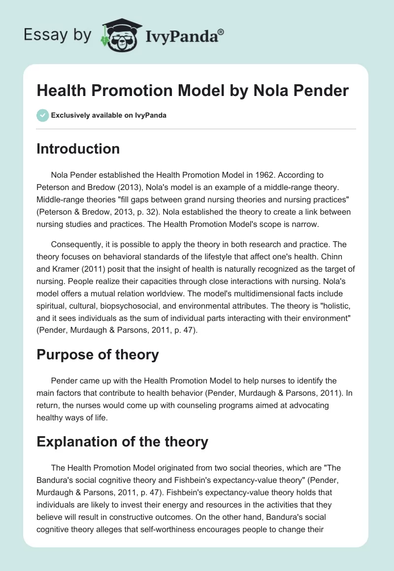 Health Promotion Model by Nola Pender. Page 1