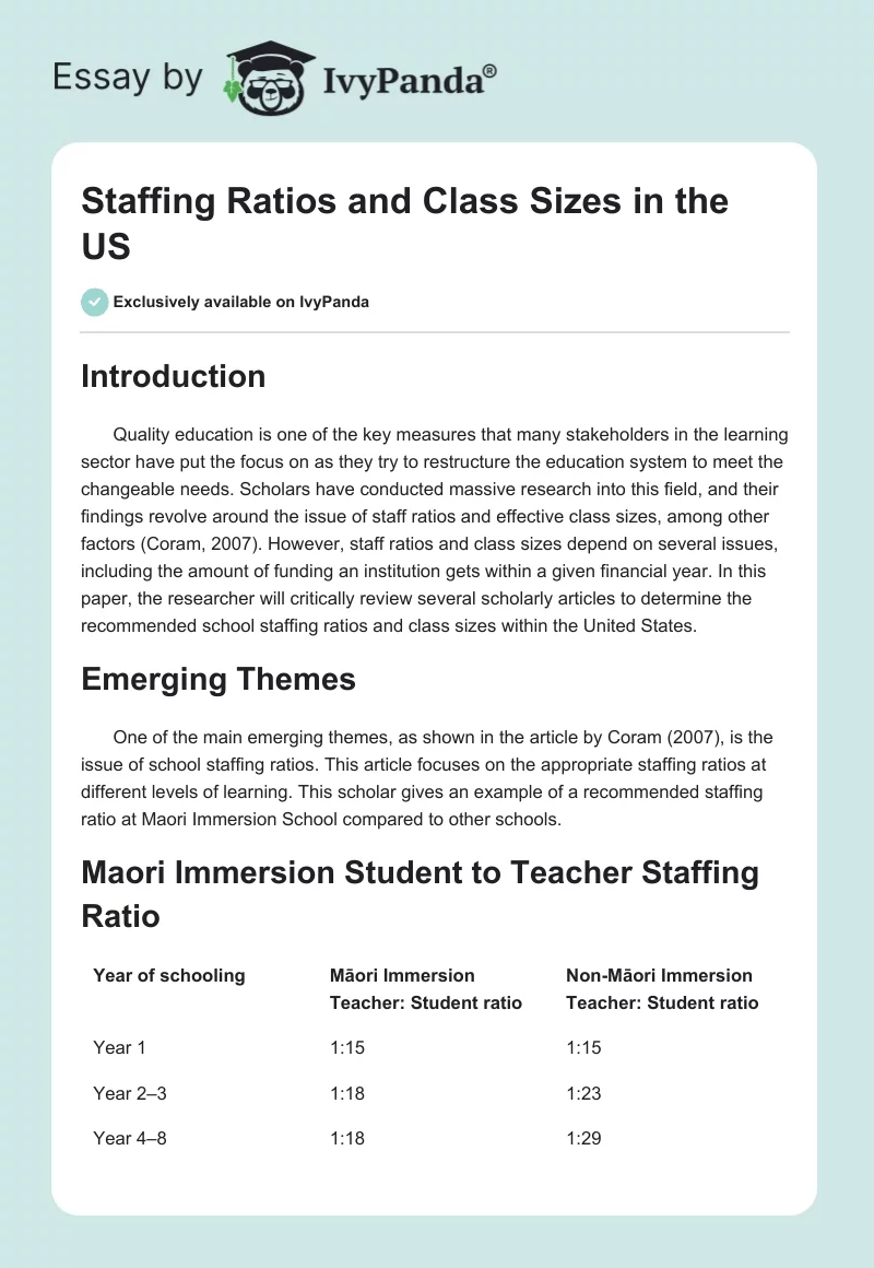 Staffing Ratios and Class Sizes in the US. Page 1