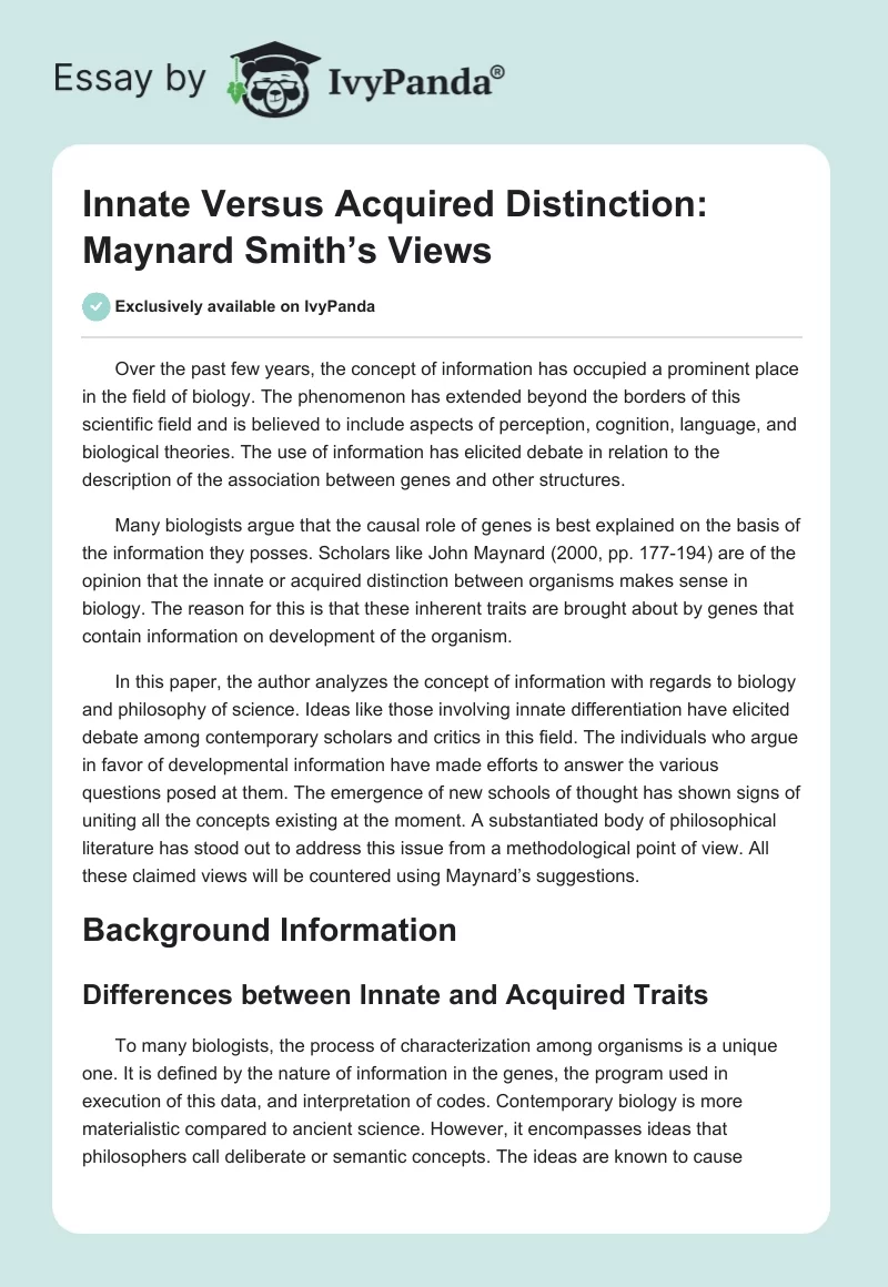 Innate Versus Acquired Distinction: Maynard Smith’s Views. Page 1