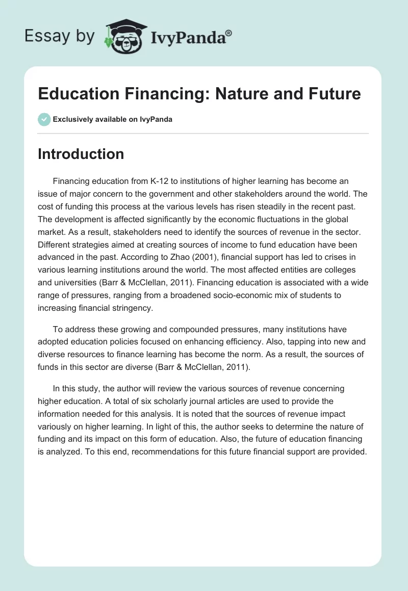 Education Financing: Nature and Future. Page 1
