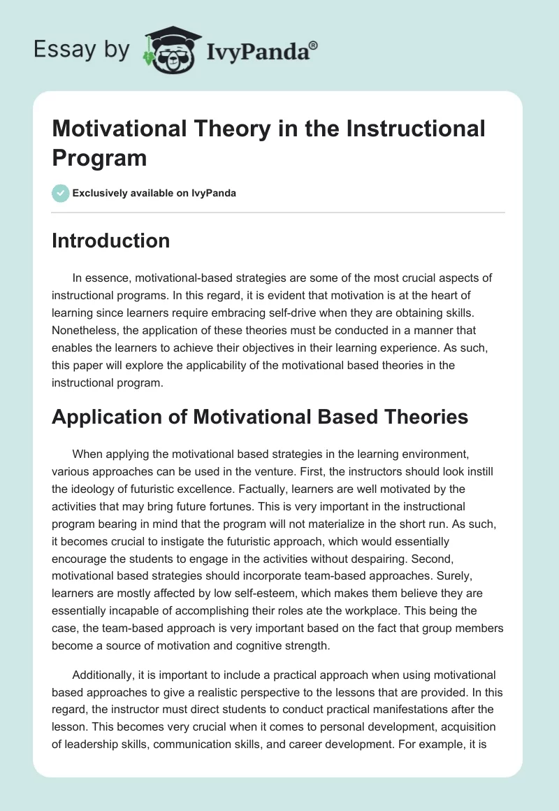 Motivational Theory in the Instructional Program. Page 1