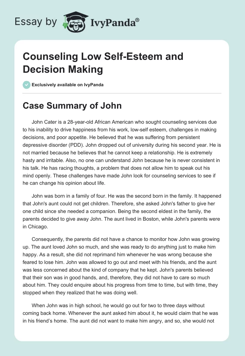 Counseling Low Self-Esteem and Decision Making. Page 1