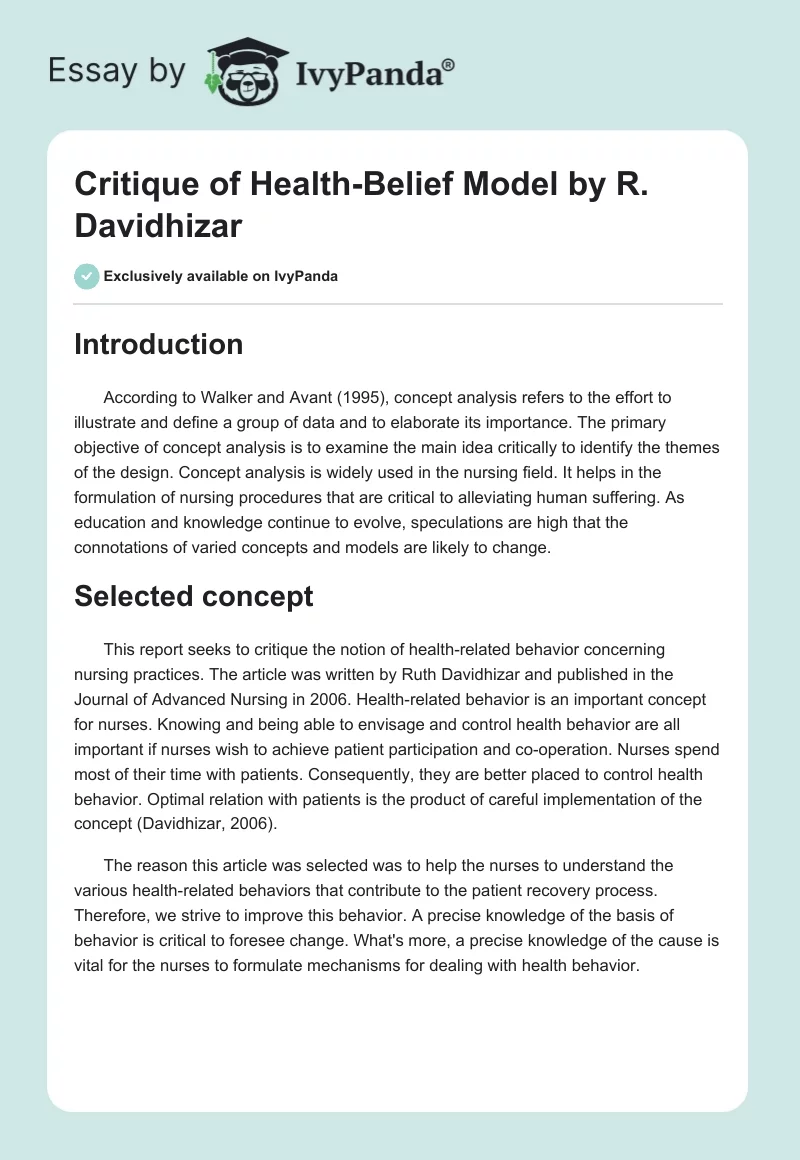 Critique of Health-Belief Model by R. Davidhizar. Page 1