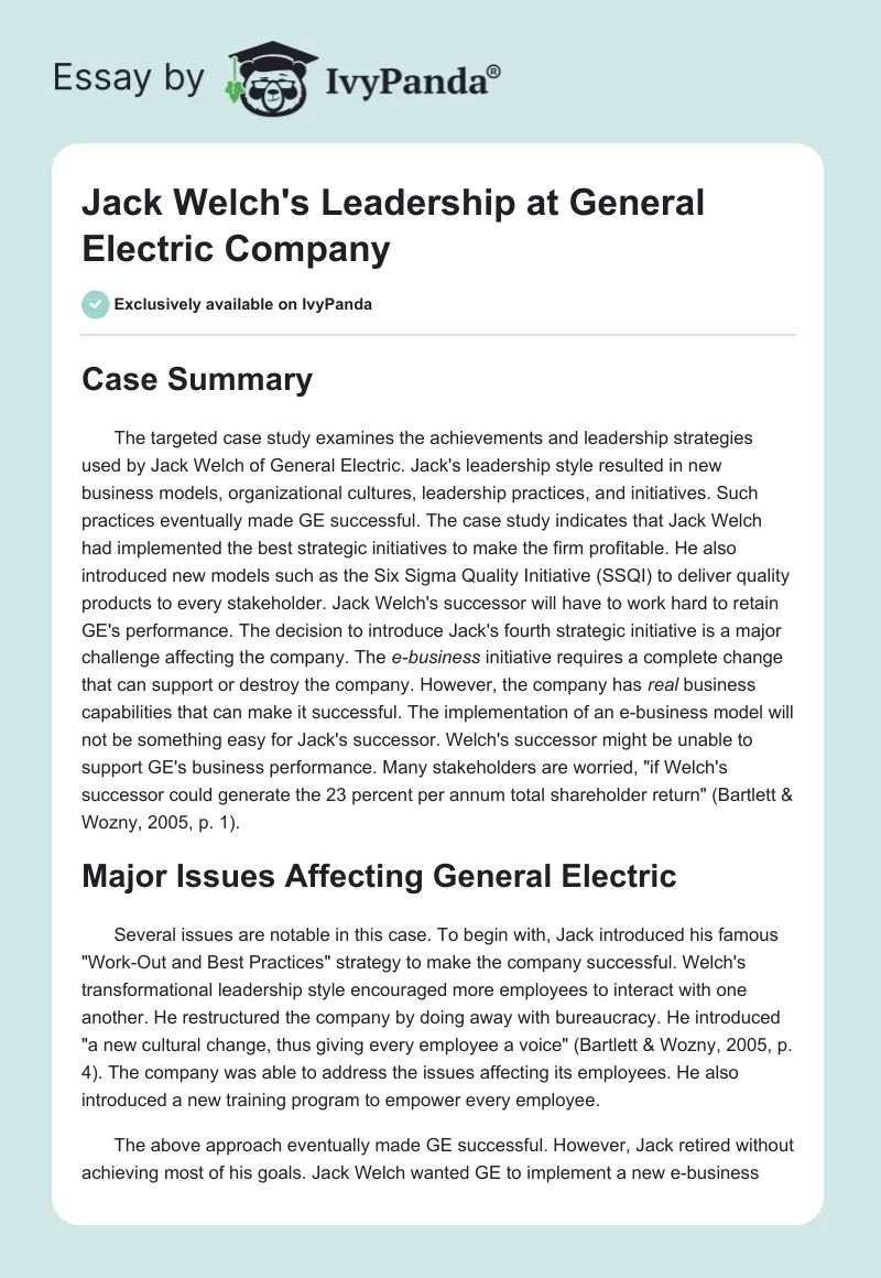 Jack Welch's Leadership at General Electric Company. Page 1