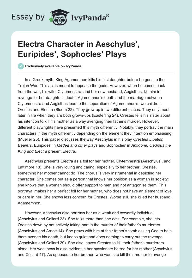 Electra Character in Aeschylus', Euripides’, Sophocles’ Plays. Page 1