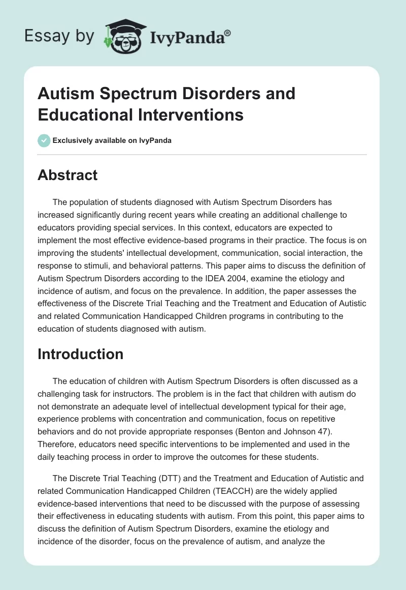 Autism Spectrum Disorders and Educational Interventions. Page 1