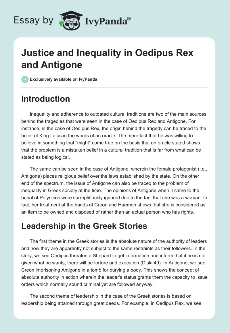 Justice and Inequality in Oedipus Rex and Antigone. Page 1