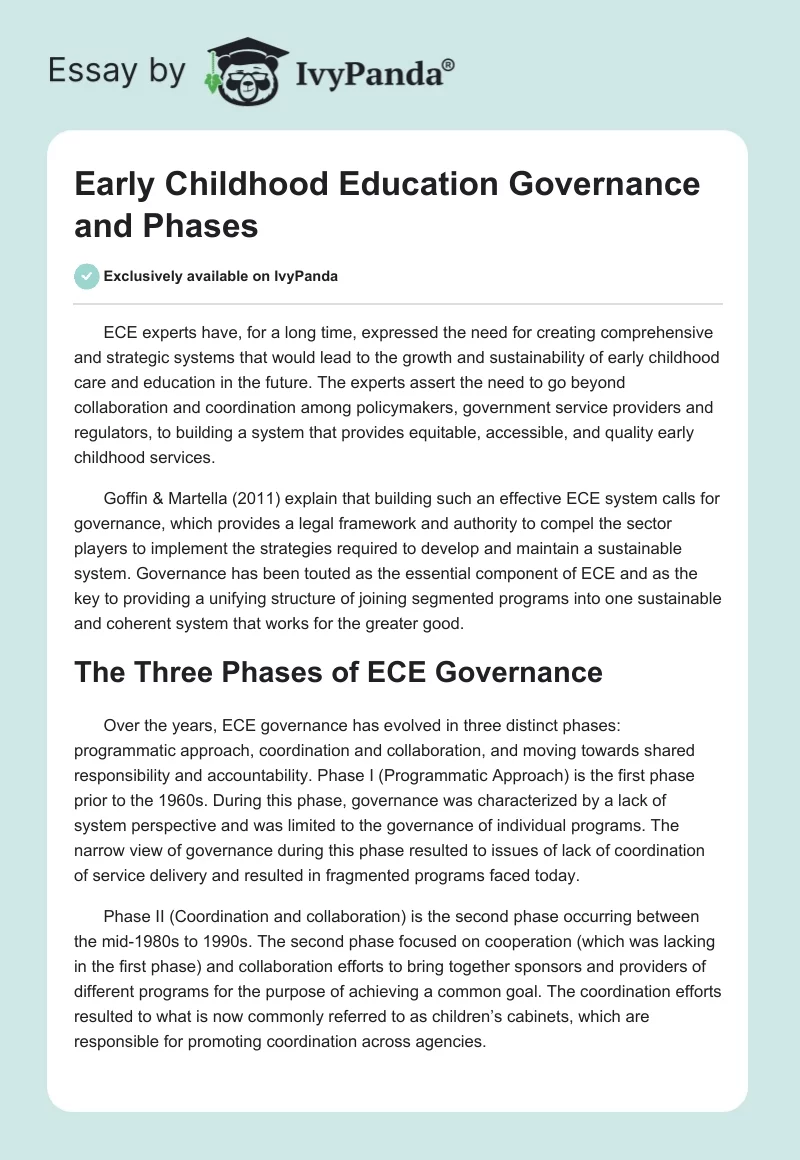Early Childhood Education Governance and Phases. Page 1