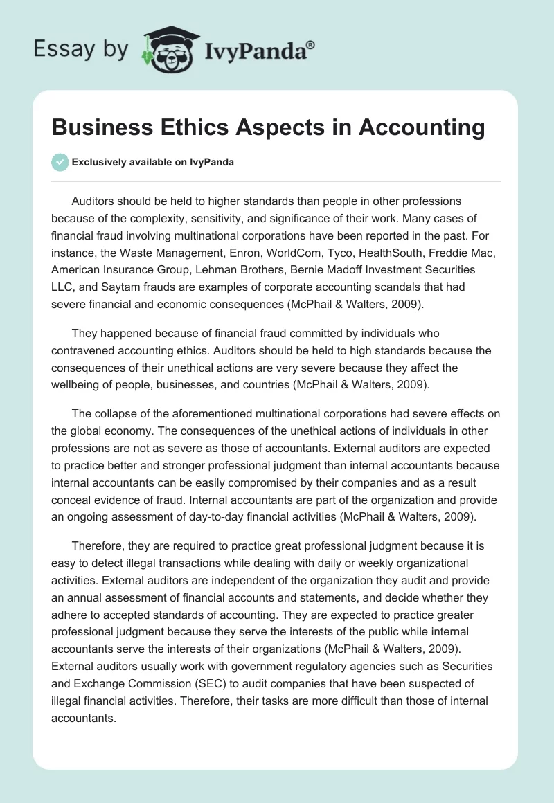 Business Ethics Aspects in Accounting. Page 1