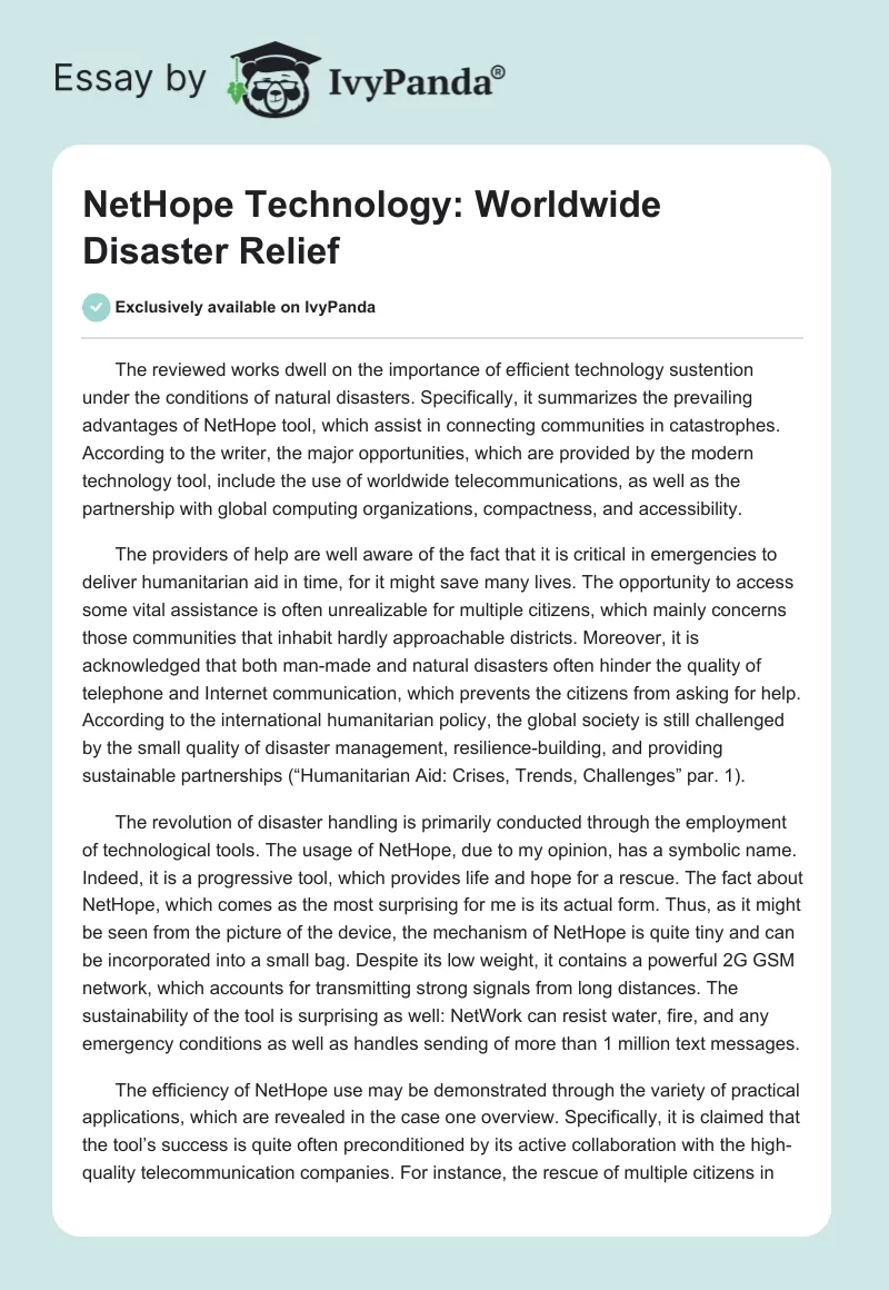 NetHope Technology: Worldwide Disaster Relief. Page 1