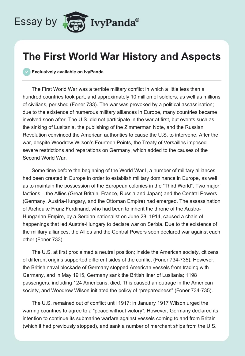 The First World War History and Aspects. Page 1