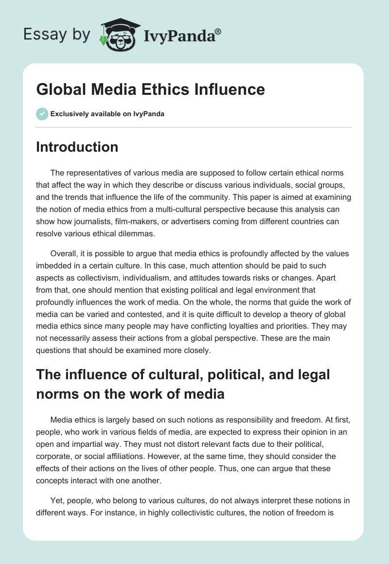 Global Media Ethics Influence. Page 1