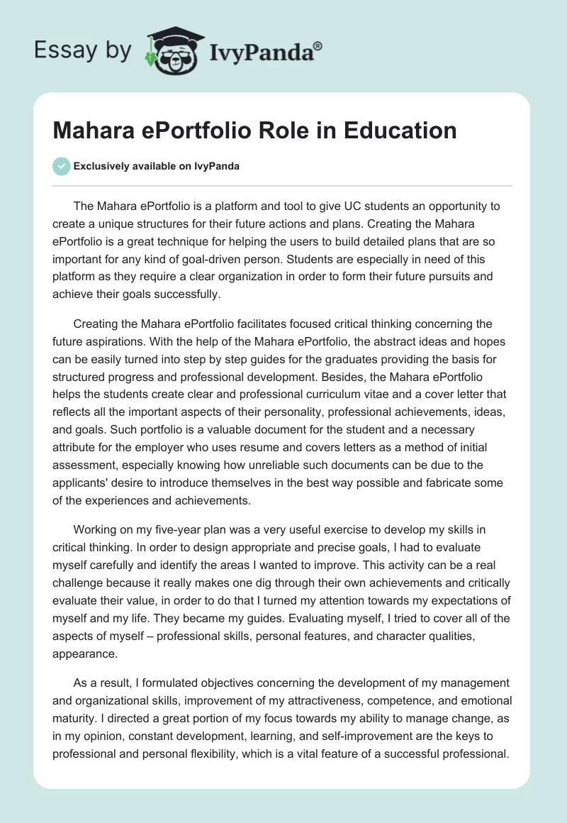 Mahara ePortfolio Role in Education. Page 1