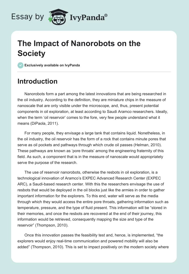 The Impact of Nanorobots on the Society. Page 1