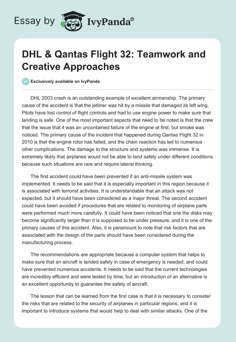 DHL & Qantas Flight 32: Teamwork and Creative Approaches. Page 1