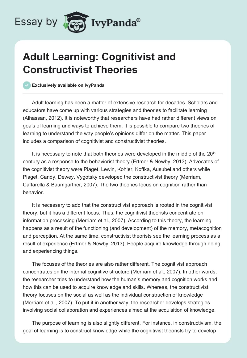 Adult Learning: Cognitivist and Constructivist Theories. Page 1