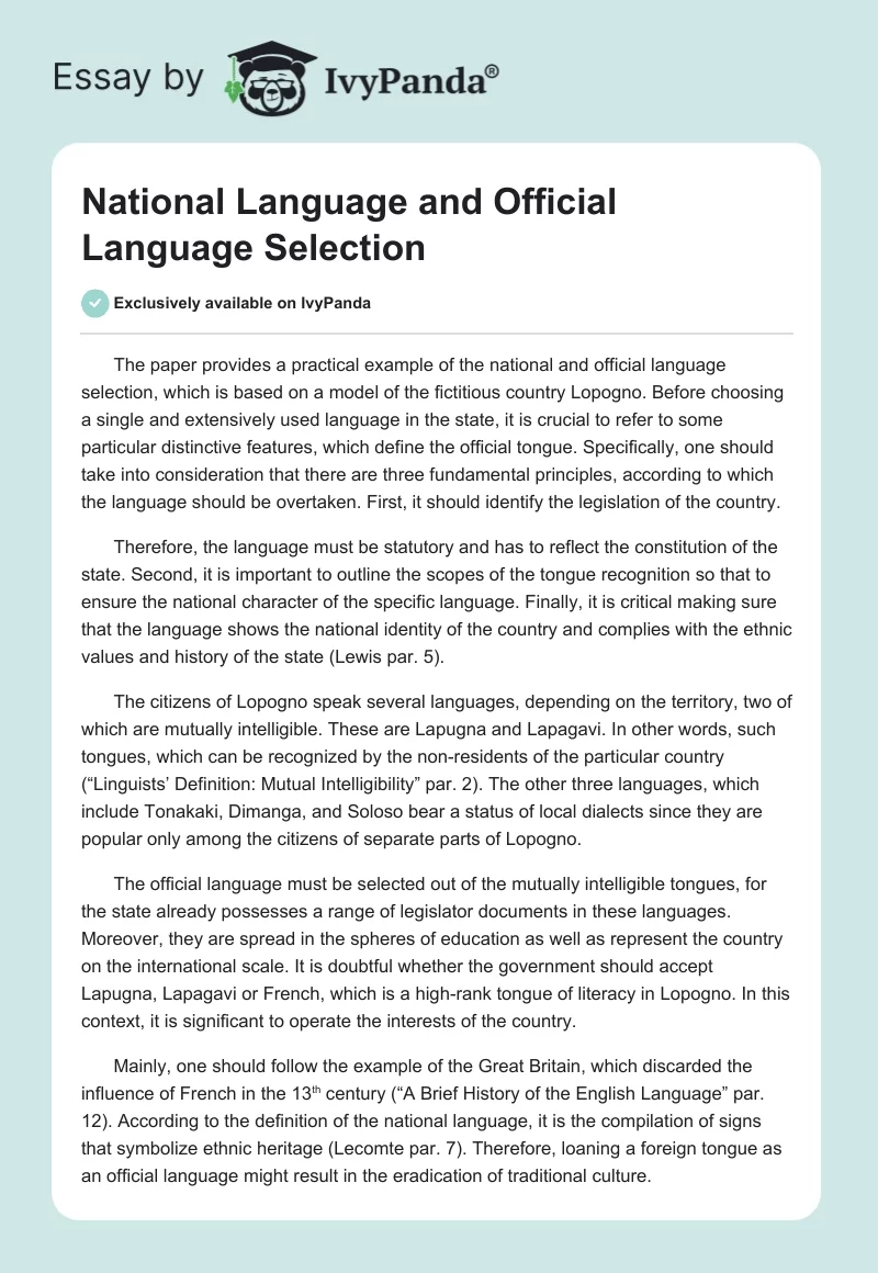 National Language and Official Language Selection. Page 1