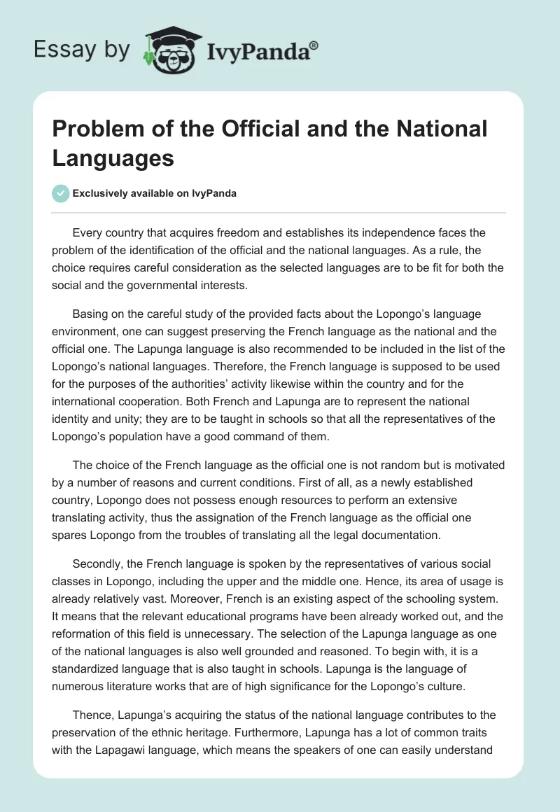 Problem of the Official and the National Languages. Page 1