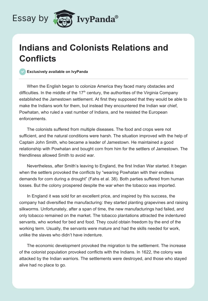 Indians and Colonists Relations and Conflicts. Page 1