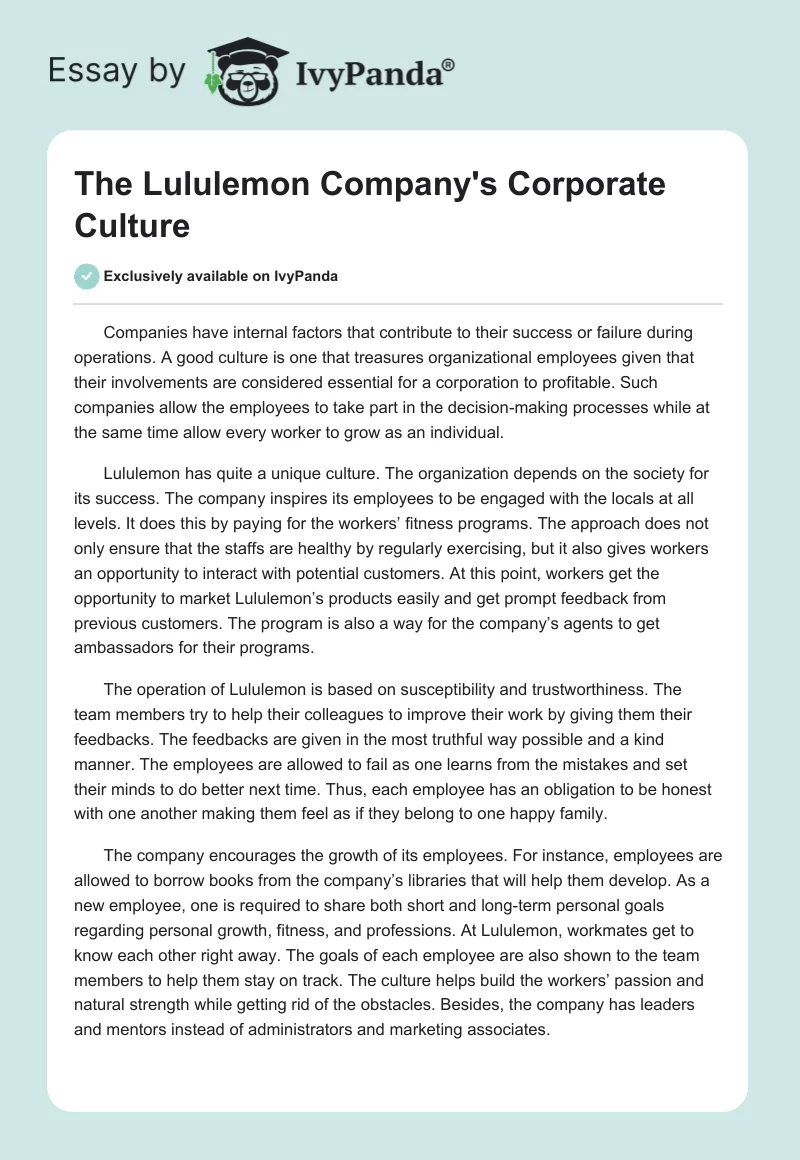 The Lululemon Company's Corporate Culture. Page 1